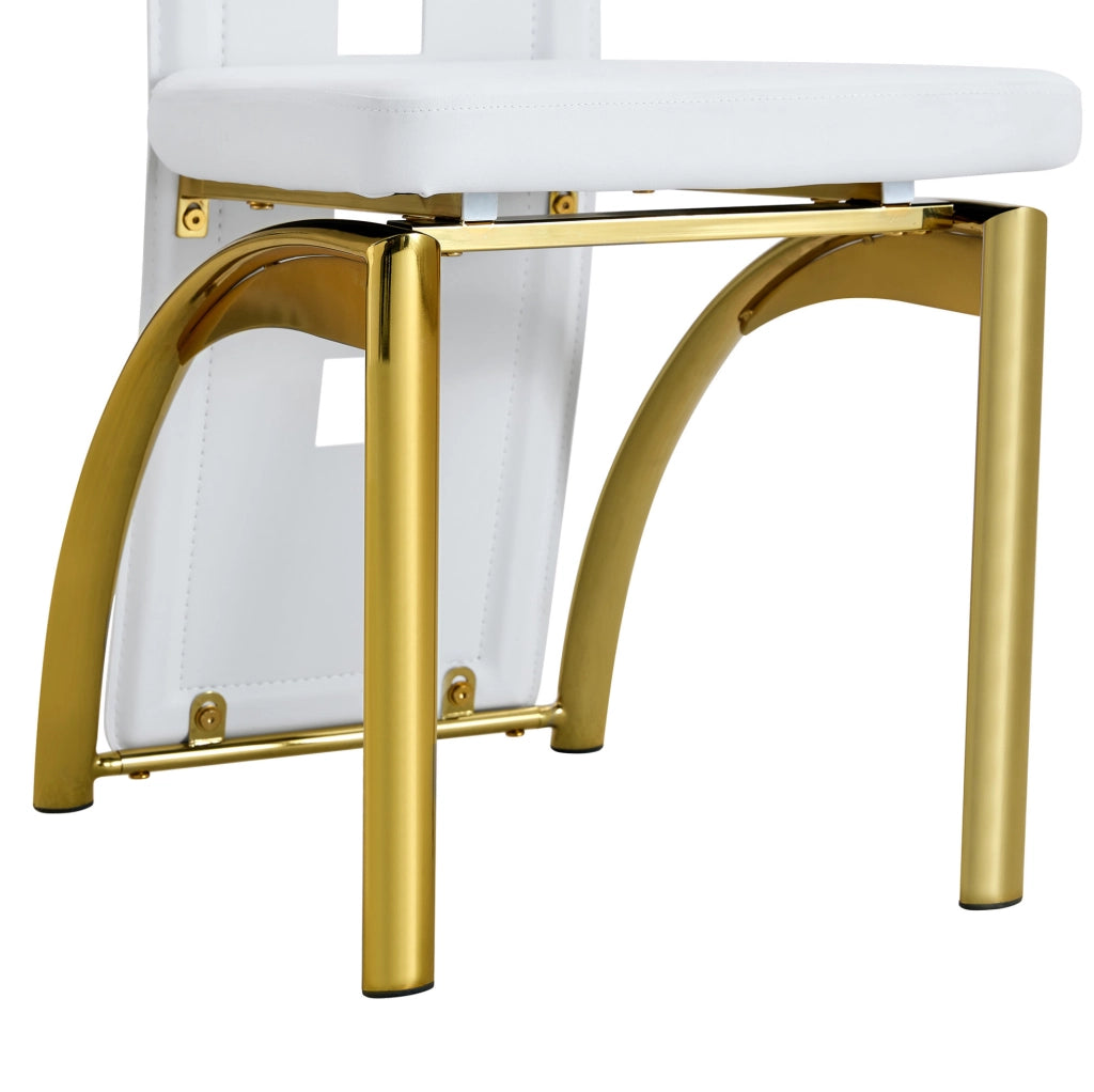 Set 2 sedie da pranzo in PU bianco opaco con schienale traforato e gambe in metallo oro
