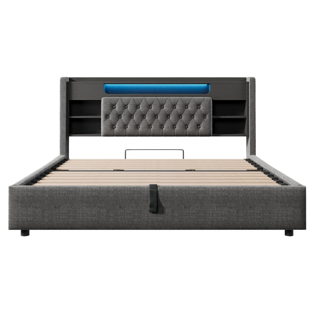 Letto matrimoniale contenitore 180 × 200 cm con LED USB e USB-C in lino grigio con testiera a ripiani