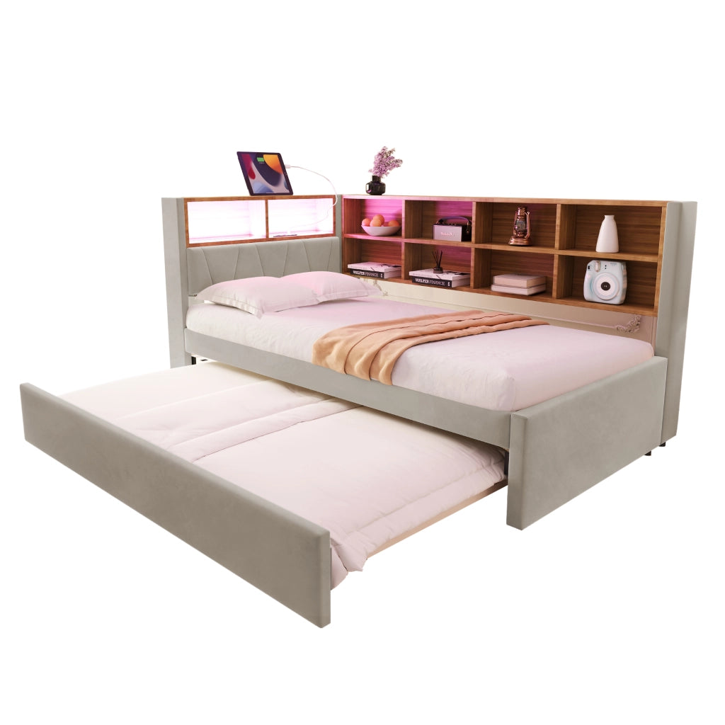 Letto con letto estraibile 90 × 200 cm con LED USB Type-C presa e vani portaoggetti in flanella grigio chiaro