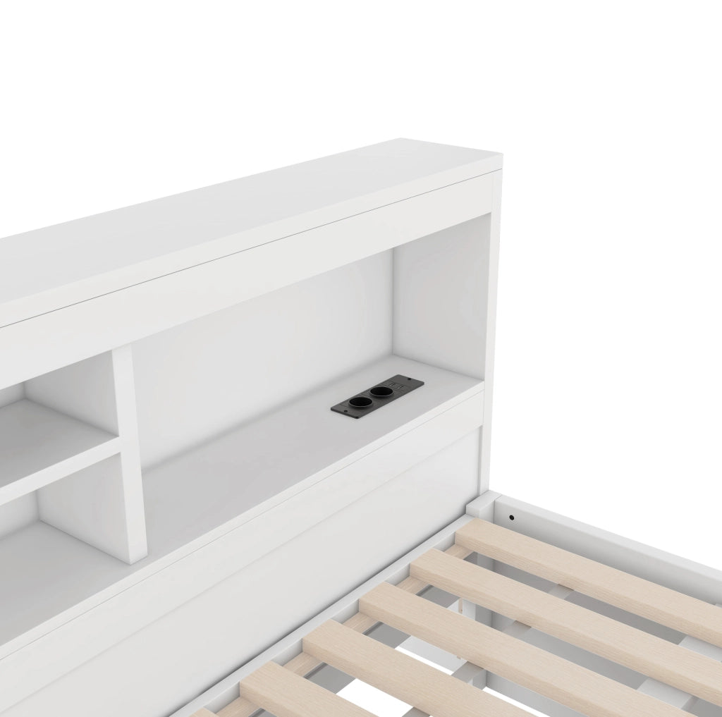 LETTO estraibile 140x200 cm bianco con LED, presa, USB e vano laterale