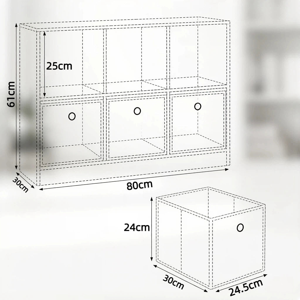 Scaffale a cubi 80x30x61 cm con 3 cassetti in tessuto legno ingegnerizzato rovere chiaro e nero