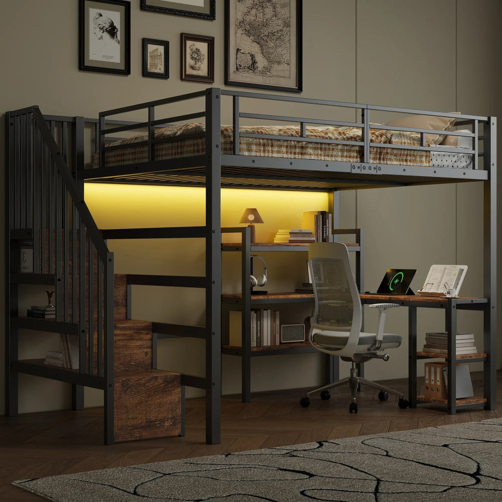 Letto a soppalco in metallo 140x200 cm con scala, scrivania integrata, vani portaoggetti, porta USB e luce LED, nero