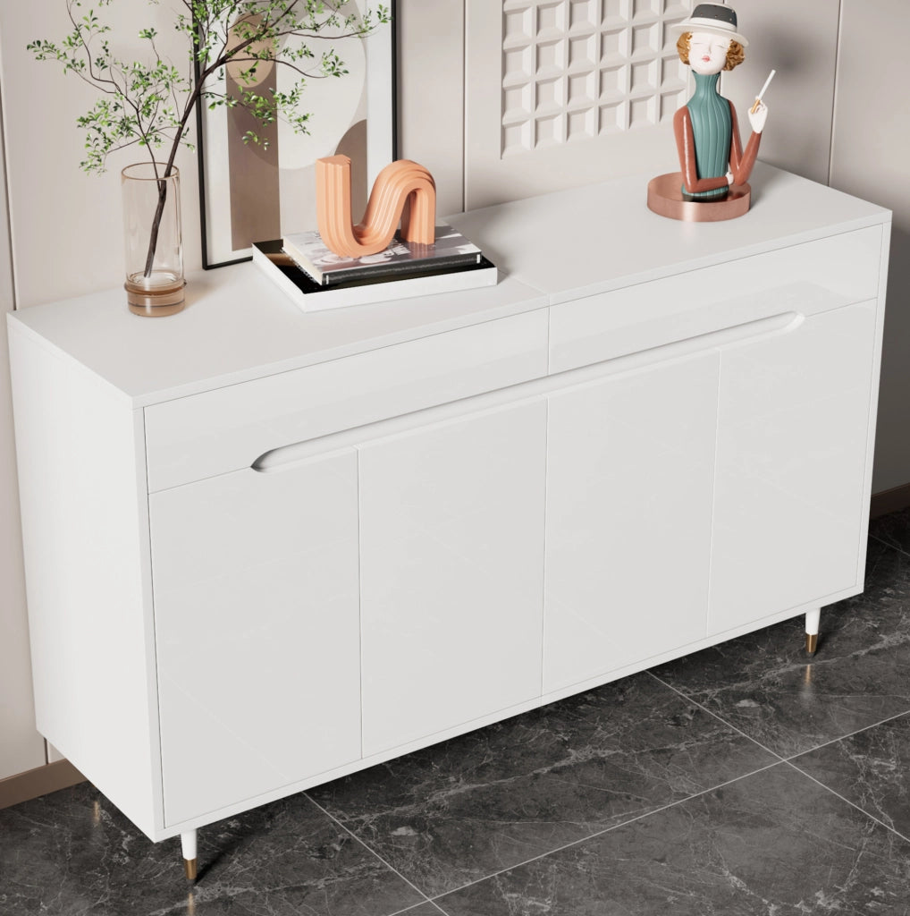 Scarpiera 140x39x84 cm in truciolare bianco e oro con 2 cassetti e ripiani regolabili