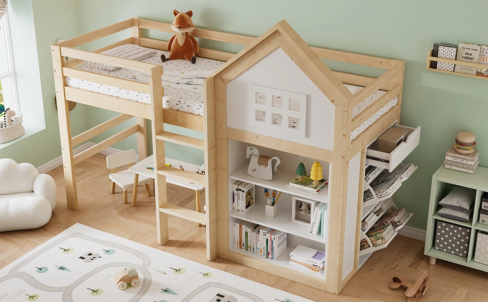 Letto a soppalco per bambini 90x200 cm a casetta; pino e MDF; bianco e legno naturale; cassetti e protezioni