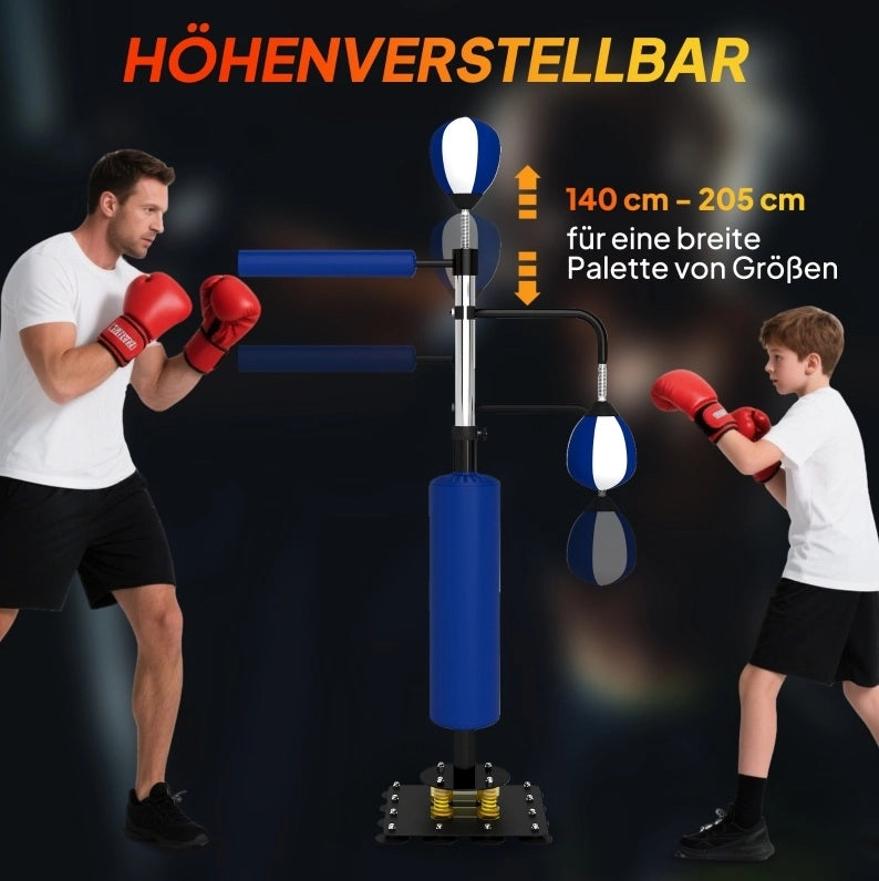 Supporto da palestra con due speedball, asta rotante e imbottitura kick, regolabile in altezza 140-205 cm, acciaio blu