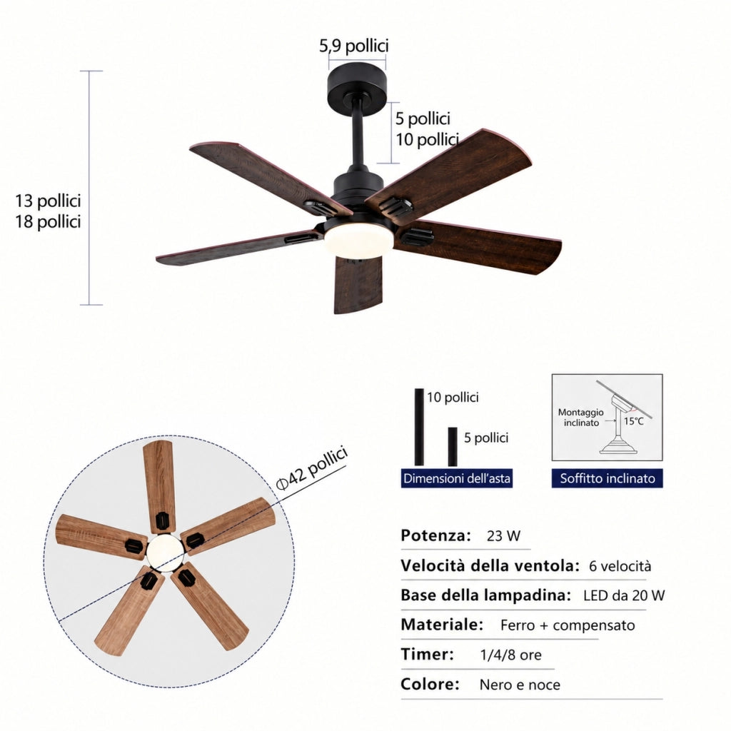 Ventilatore da soffitto con luce e telecomando; 107 cm; 5 pale e 6 velocità; LED dimmerabile; metallo e legno; nero e noce scuro