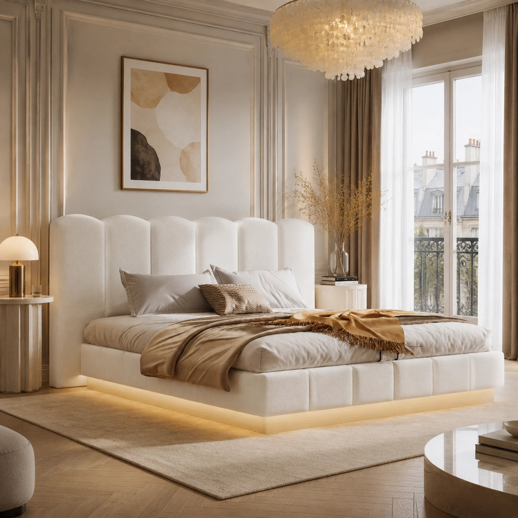 Letto contenitore 180x200 cm; matrimoniale con contenitore idraulico; rete a doghe; testiera; LED; bouclé; bianco