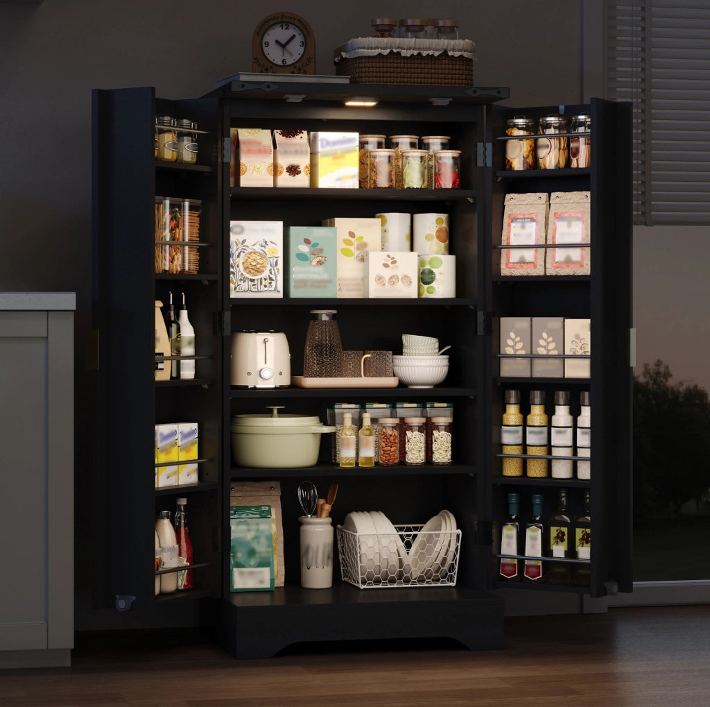 Mobile da cucina nero con LED sensore, doppia anta, ripiani regolabili 120x60,5x40 cm