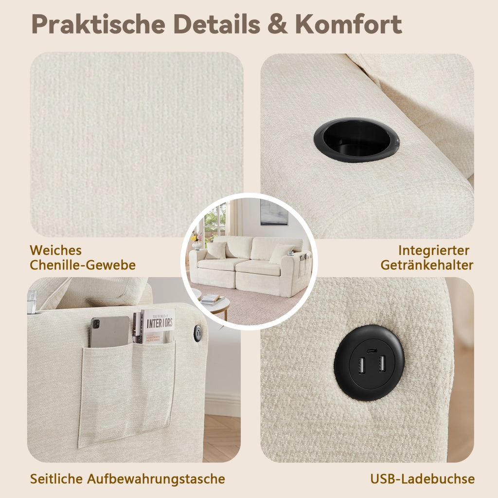 Divano Relax 2 Posti in Chenille con Tasca Laterale e Cuscini ¨C MINIMAL ¨C Beige