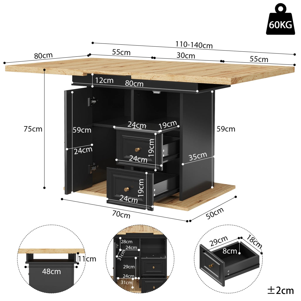 Tavolo da pranzo 6 posti con 1 porta; 2 cassetti e vano; piano allungabile per cucina e soggiorno in MDF e metallo naturale