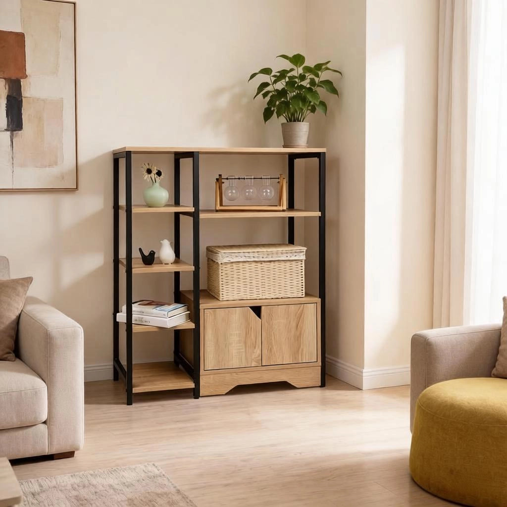 Libreria con 4 ripiani; 2 ripiani laterali e cassetto in legno color rovere chiaro per soggiorno 80 × 35 × 97 cm