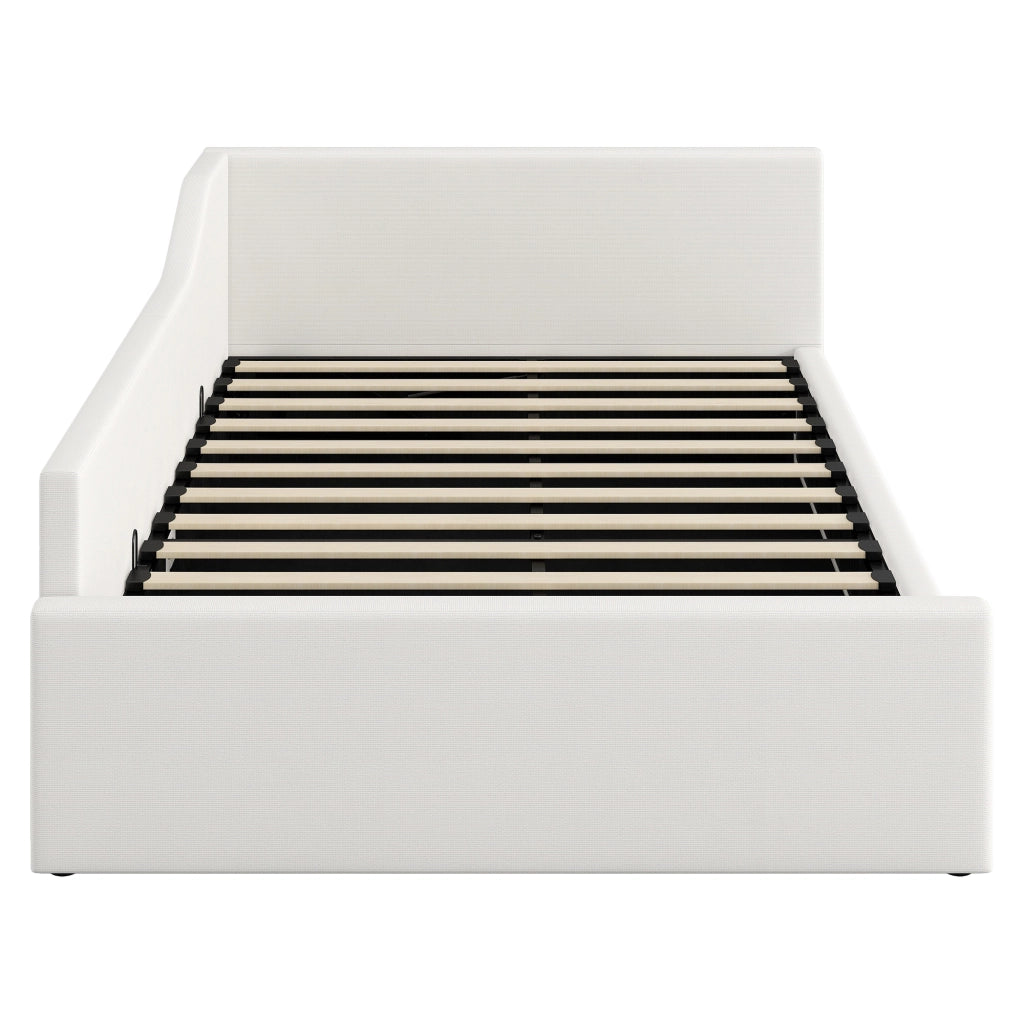 Letto contenitore 140 × 200 cm con vano sottoletto rivestito in lino struttura in MDF e compensato beige