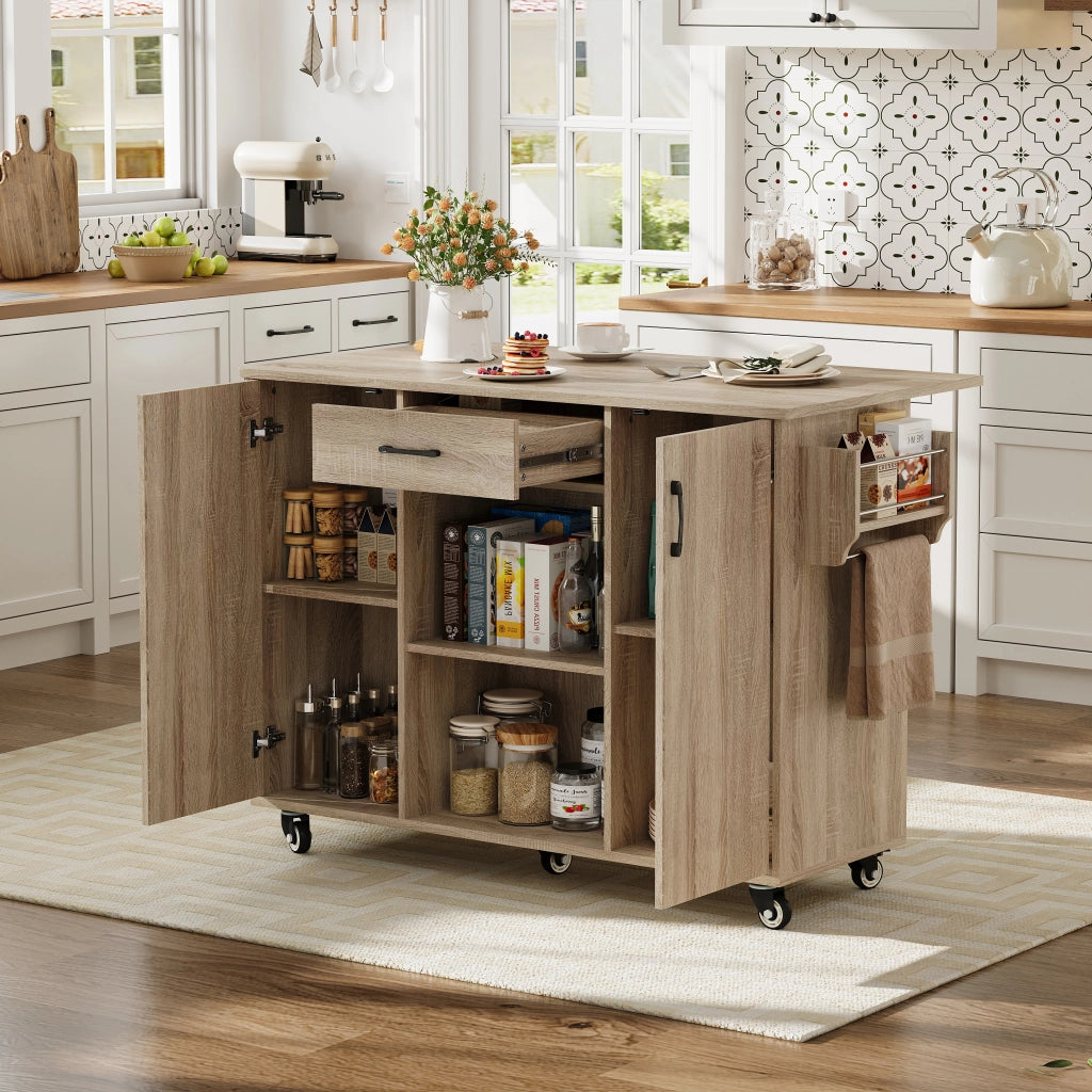 Carrello da cucina con piano pieghevole estensibile da 67.5 a 120 cm; cassetto; ruote frenate in MDF naturale