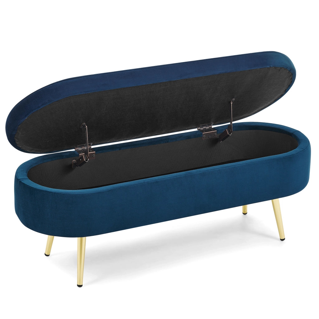 Panca contenitore multifunzione in velluto con struttura in legno massello e gambe in metallo, 110x40x42 cm, capacità 20 L, colore blu