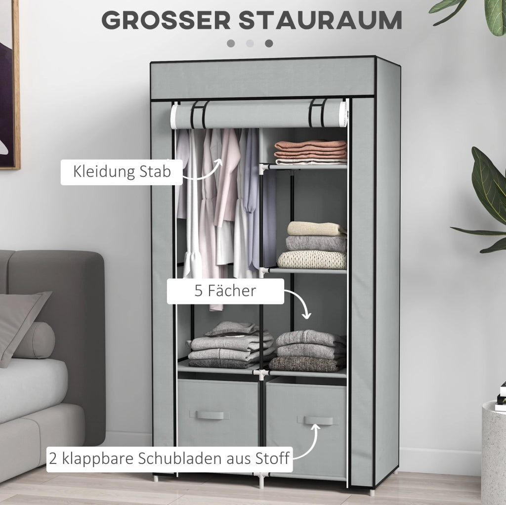 Armadio tessile salvaspazio con 5 scomparti, appendiabiti e zip, grigio chiaro, 83x42,5x162,5 cm