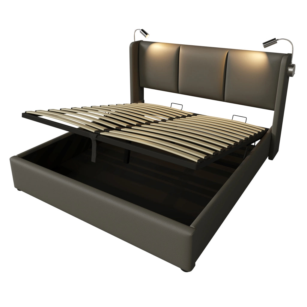 Letto matrimoniale imbottito 160x200 cm in PU grigio con contenitore; luce da lettura e ricarica USB