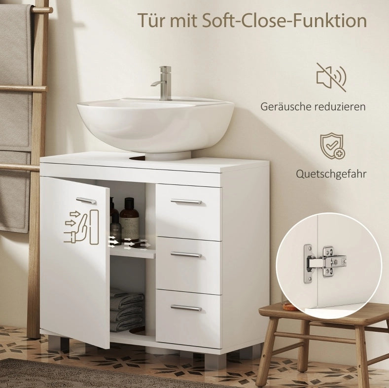 Mobile bagno bianco in MDF con ripiani, 3 cassetti e taglio a U per lavabo a colonna