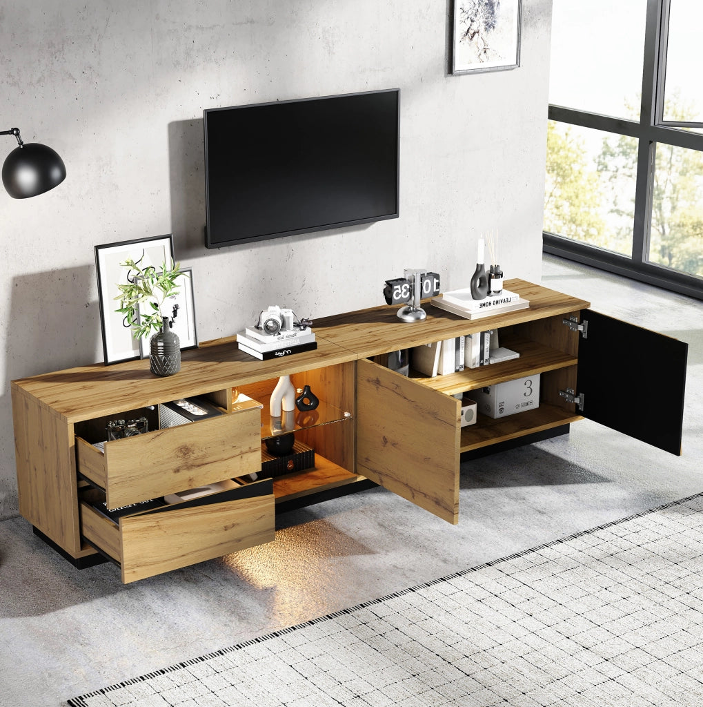 Mobile TV 180x35x45 cm con LED, 2 cassetti e 2 ante in MDF naturale e nero