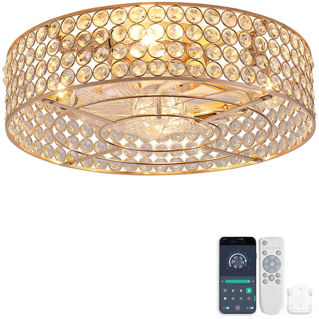 Lampada ventilatore da soffitto con cristalli dorati; pale ABS e controllo tramite app e telecomando
