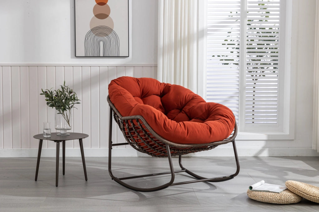 Poltrona a Dondolo in Rattan Sintetico con Cuscino Imbottito, Arancione, 78x106x90 cm, per Patio e Giardino