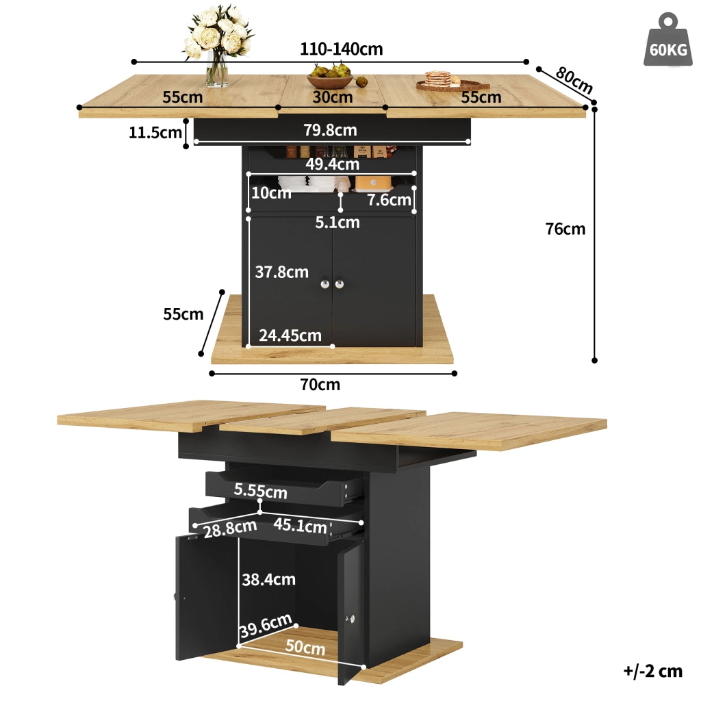 OKWISH Tavolo da Pranzo Allungabile con Vano Contenitore Integrato e Ripiani Estraibili, MDF, Nero, 110-140x80x76 cm