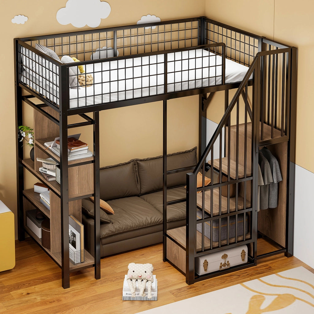 Letto a soppalco 90x200 cm con scala contenitore, struttura in metallo e legno, nero