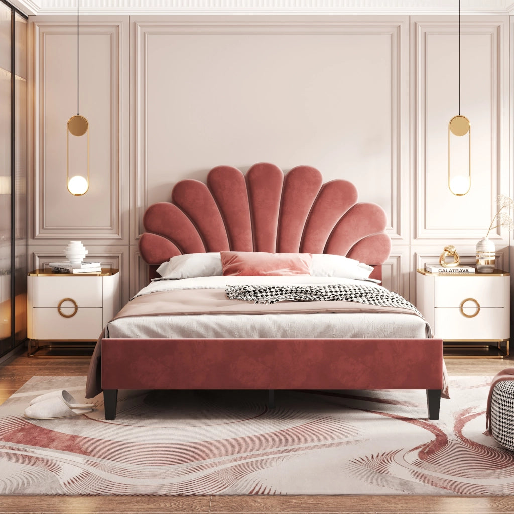 Letto matrimoniale imbottito 140 x 200 cm con testiera floreale; tessuto effetto velluto rosso fagiolo