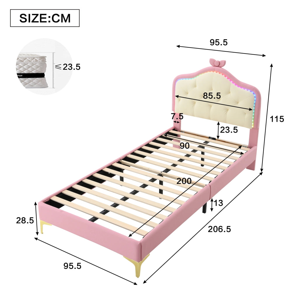 Letto singolo imbottito 90x200 cm rosa e bianco con LED multicolore