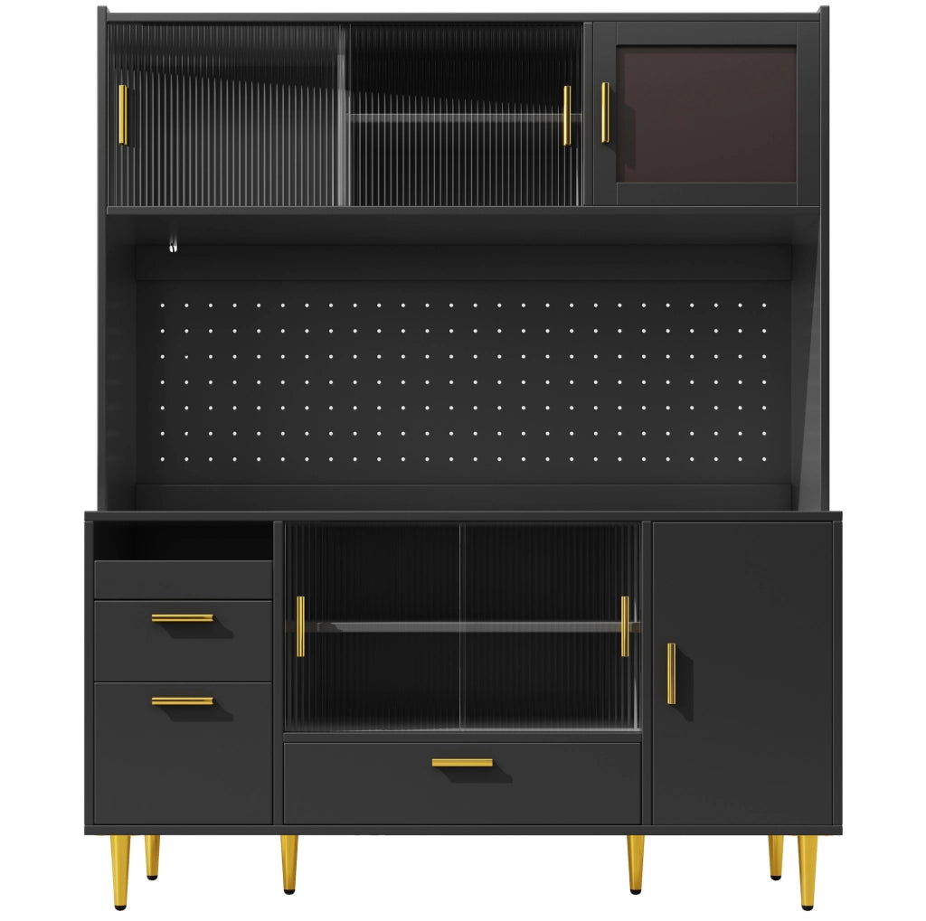 Credenza buffet da cucina 140x40x180 cm con LED, ante scorrevoli in vetro e pannello forato nera HAVRYA