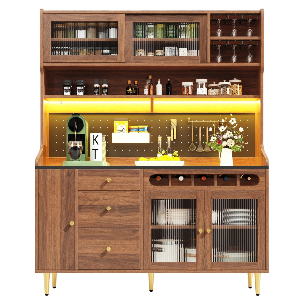 Colonna da cucina con LED controllabile tramite app ripiani regolabili portabottiglie estraibile noce 145 × 39 × 171 cm
