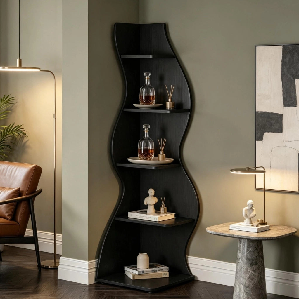 Scaffale angolare a 5 ripiani in materiale resistente con design in vimini, salvaspazio e versatile per casa e ufficio