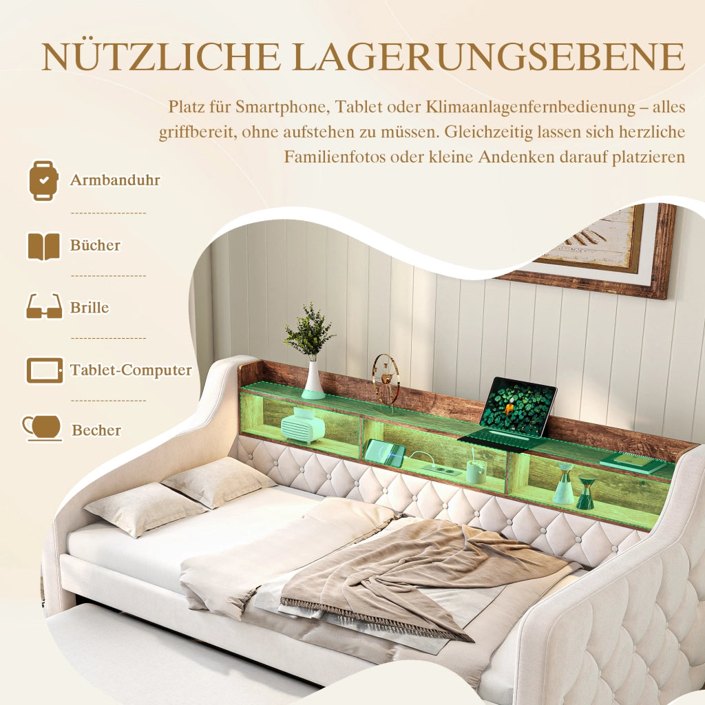 Divano letto 90 × 190 cm trasformabile in letto matrimoniale con ripiano LED USB-C in velluto beige