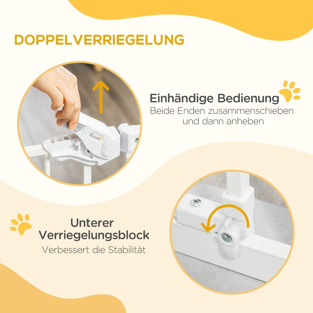 Barriera estensibile a forbice con doppio blocco, chiusura automatica e gattaiola in plastica bianca 74 × 80 cm