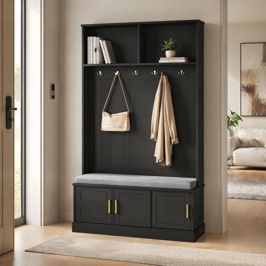 Appendiabiti con panca e scarpiera 120x40x191 cm; 6 ganci; truciolare nero