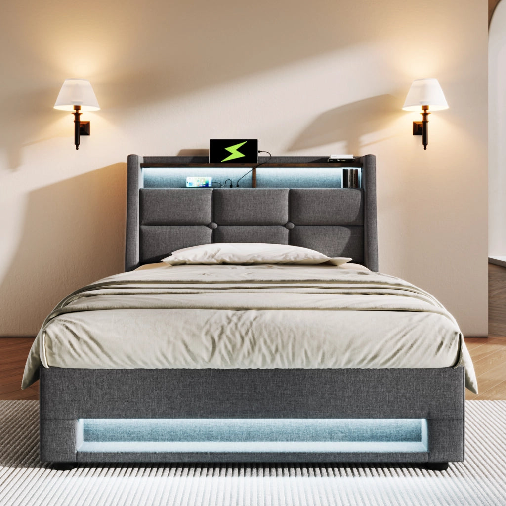 Letto contenitore singolo 90×200 cm con USB; LED e rete sollevabile; materasso incluso; lino; grigio