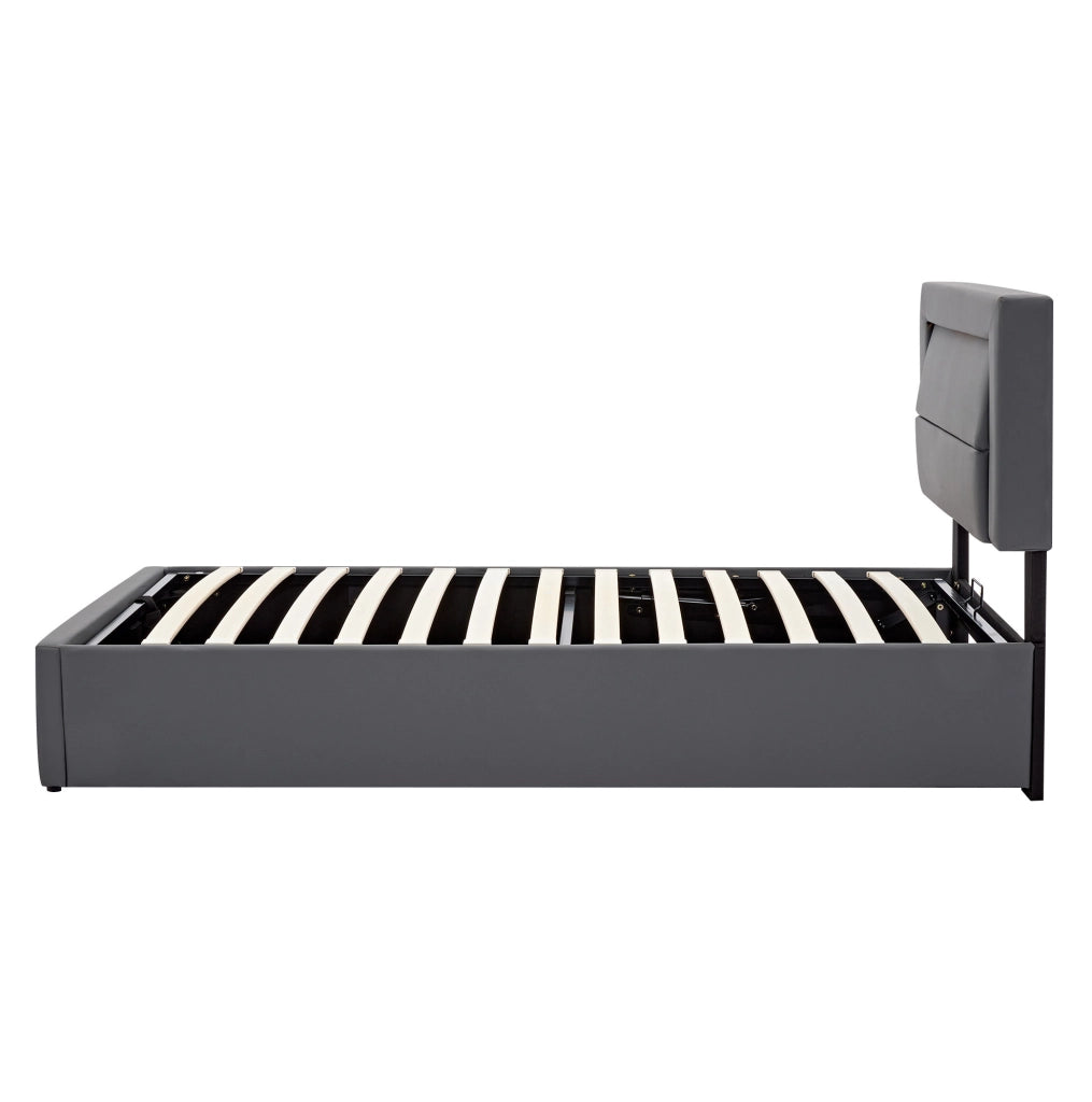 Letto imbottito con LED; ricarica USB e wireless; vano contenitore; PU grigio; per materasso 90x190 cm