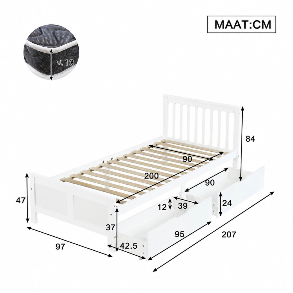 Letto singolo 90 × 200 cm con cassetti in legno bianco con testiera a griglia e rete a doghe