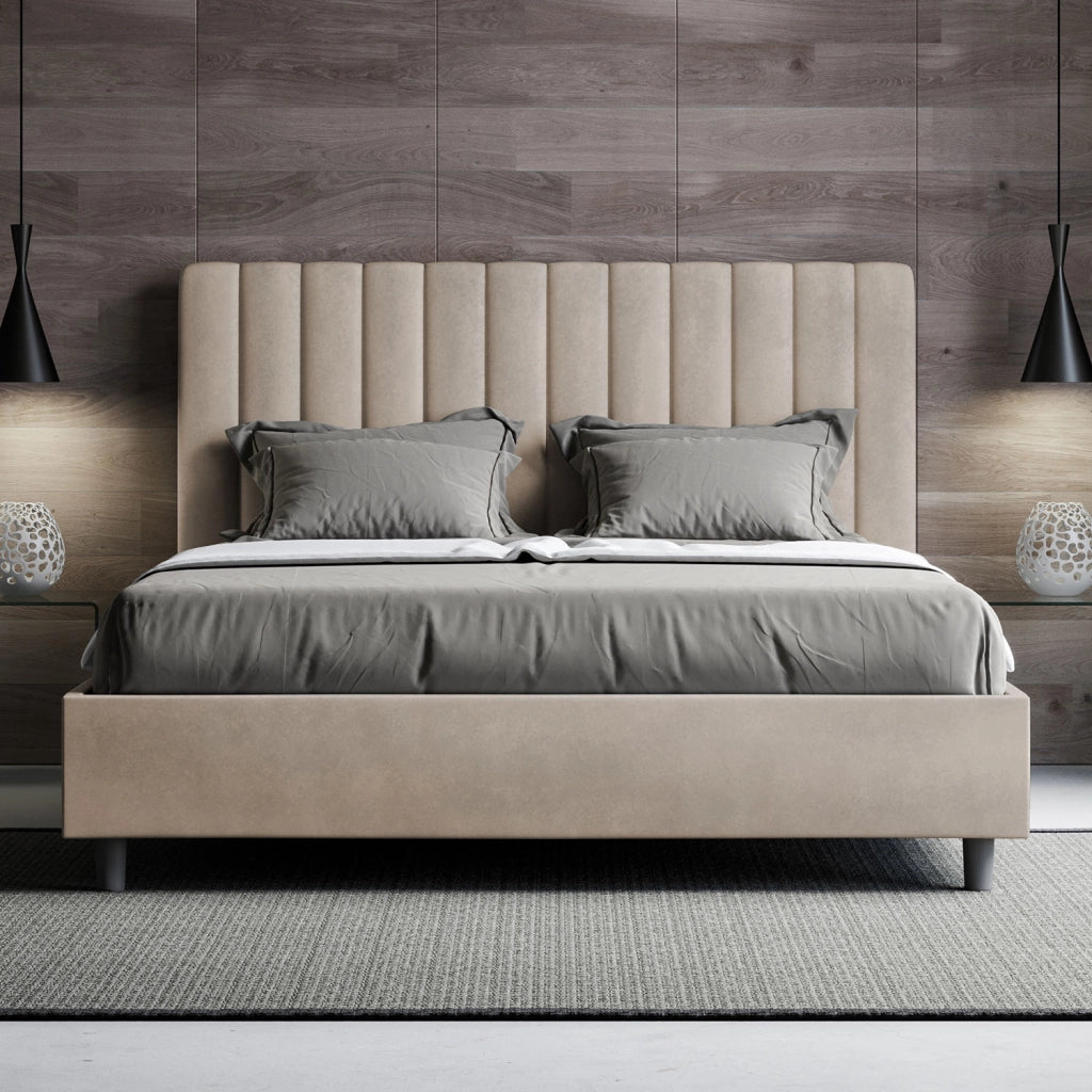 Letto 1 Piazza E Mezzo 130x200 cm con Rete e Contenitore Imbottito in Microfibra Agueda Sabbia