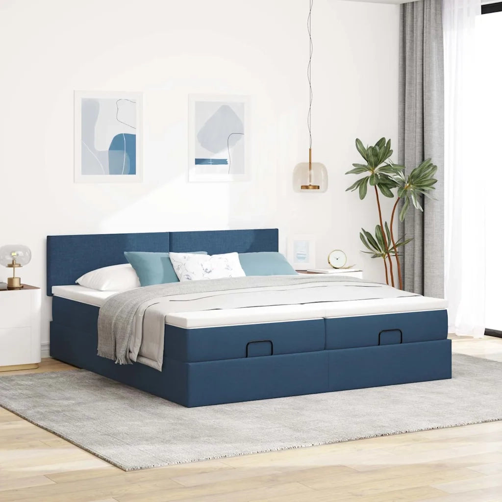 Struttura Letto Pouf con Materassi Blu 200x200 cm in Tessuto