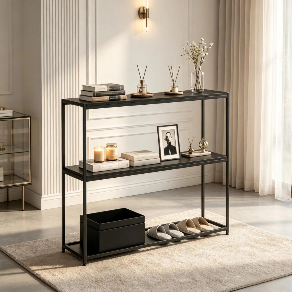 CONSOLA ingresso 100x30x87 cm nera in acciaio e pannello truciolare