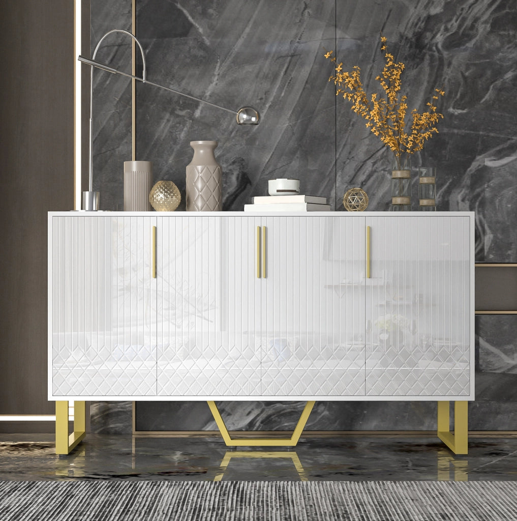 Credenza bianca lucida con 4 ante e gambe in metallo