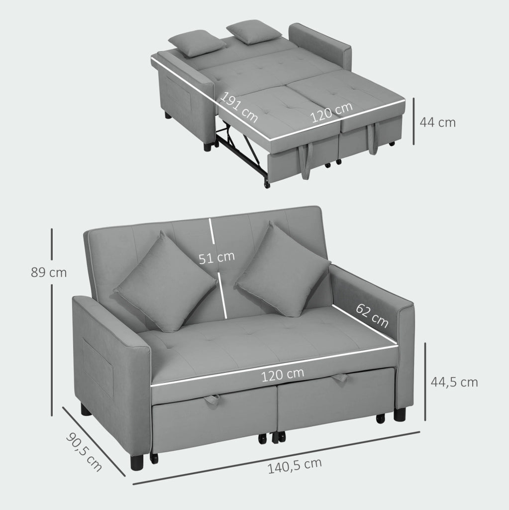 Divano Letto 2 Posti con Funzione Relax, Rivestimento in Velluto Grigio, Schienale Regolabile e Contenitore, Lavorazione con Ruote per Soggiorno o Camera Ospiti