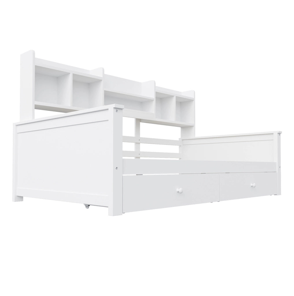 Letto singolo multifunzione 90x200 cm in legno massello bianco con cassetti e scaffali integrati
