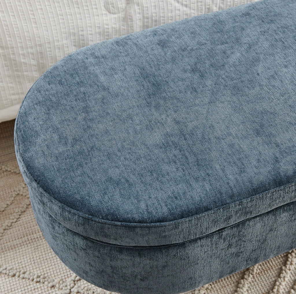 Panca contenitore in tessuto ciniglia blu con struttura in legno massello, 110x40x42 cm, 20L capacità, ideale per soggiorno e ingresso
