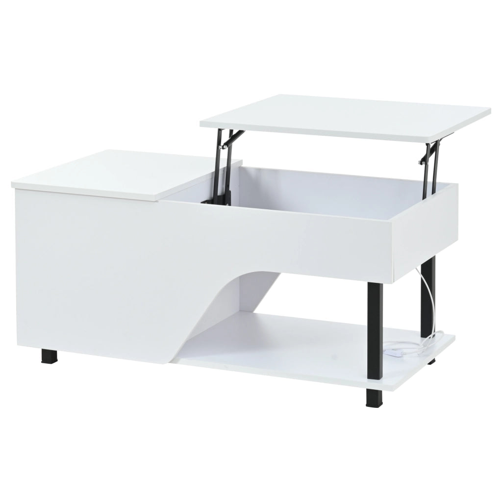 Tavolino da salotto moderno elevabile LED con vano nascosto e ripiani laterali regolabili, bianco, 50 × 100 × 46 cm