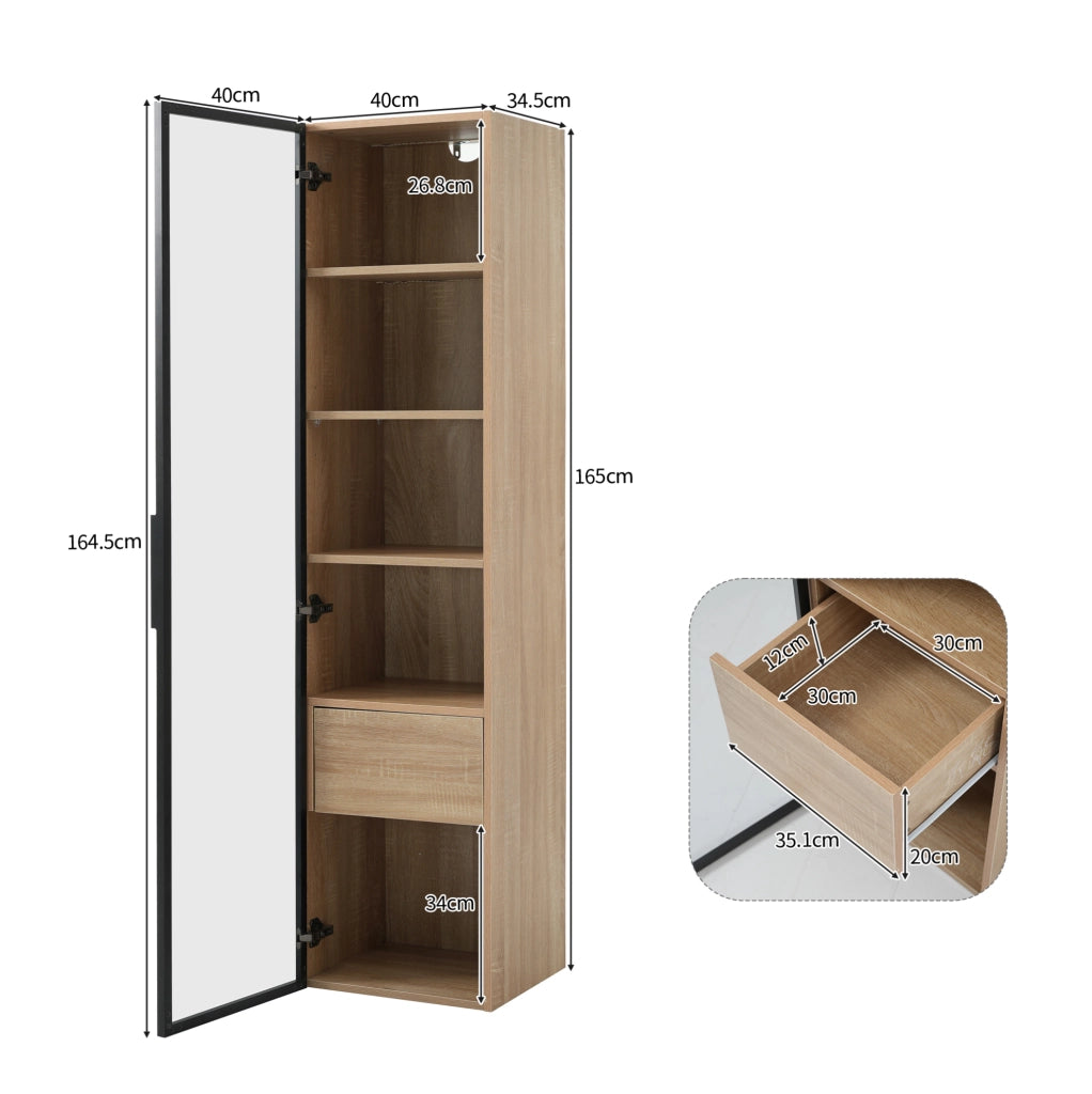Mobiletto da bagno medio con luce, 40 cm di larghezza, 1 cassetto grande e 1 anta in vetro temperato