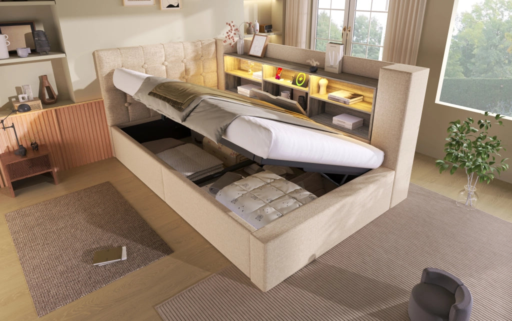 Letto singolo imbottito 90x200 cm con contenitore idraulico, testiera angolare reversibile, illuminazione LED e materasso incluso, tessuto in lino beige
