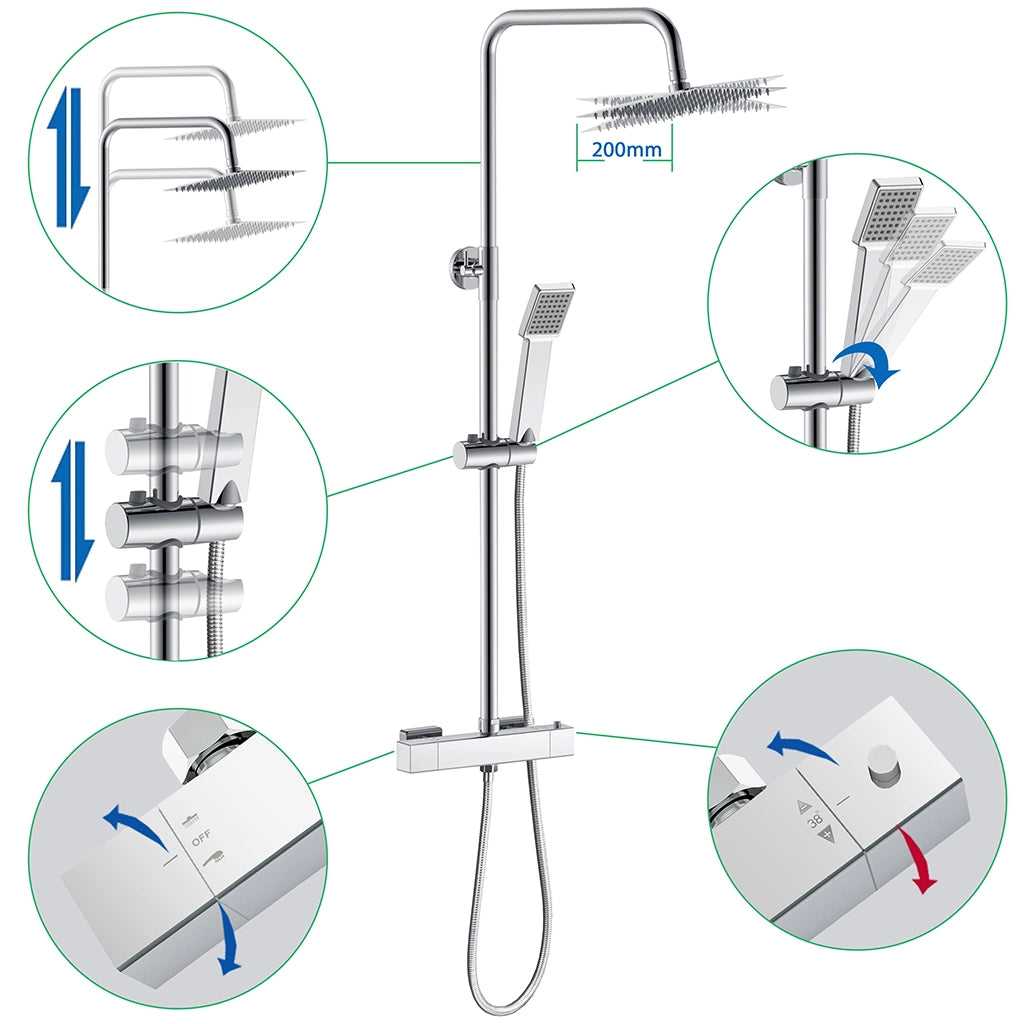 AICA Set Doccia Completo Cromo con Soffione Doccetta e Rubinetto Quadrati e Saliscendi Tondo, Miscelatore Termostatico Doccia