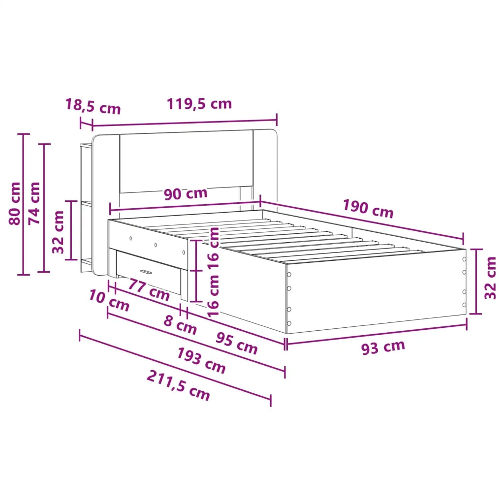 Letto singolo | Letto per adulti | Telaio del letto con storage Legno antico 90 x 190 cm