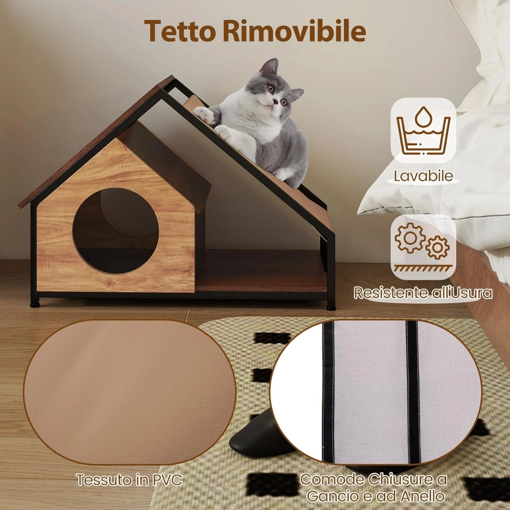 Casetta per Gatti da Interno con Veranda, 84 x 43 x 58,5 cm
Cuccia per Gatti in Legno con Tetto Inclinato Staccabile e Struttura in Metallo, Villa Industriale per Gattini